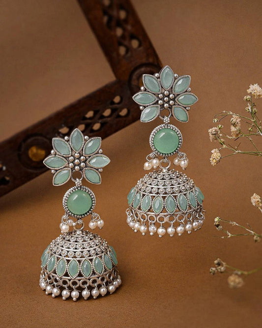 Oxidised Silver-Plated Mint Green Floral Dome Jhumka Earrings with Faux Pearl Drops