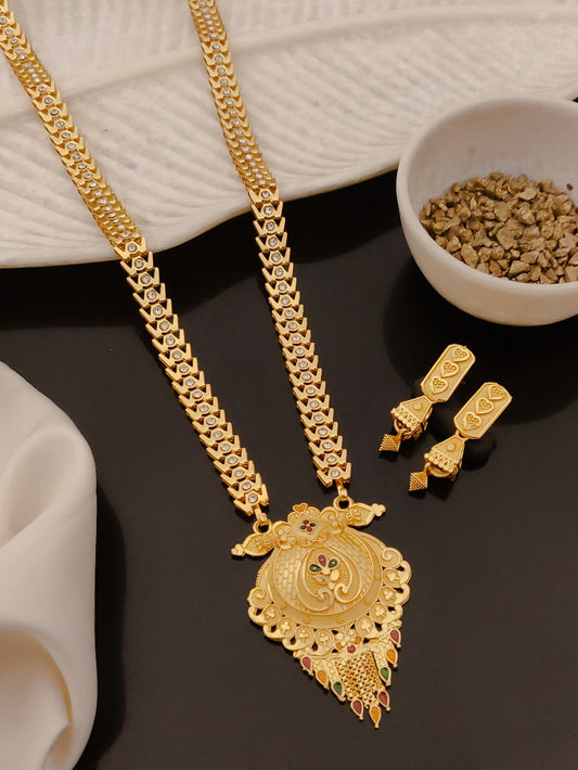 Royal Gold-Plated Long Rani Haar Necklace Set with Peacock-Filigree Pendant and Matching Drop Earrings