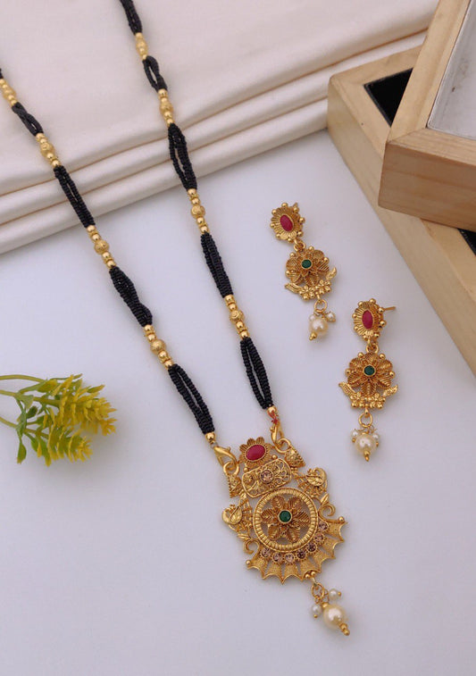 Traditional Gold-Plated Long Mangalsutra Set with Ruby-Emerald Accents & Pearl Drop Earrings 📿💖