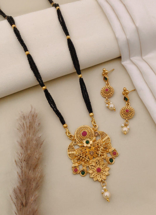 Traditional Gold-Plated Long Mangalsutra Set with Floral-Kalash Filigree Pendant